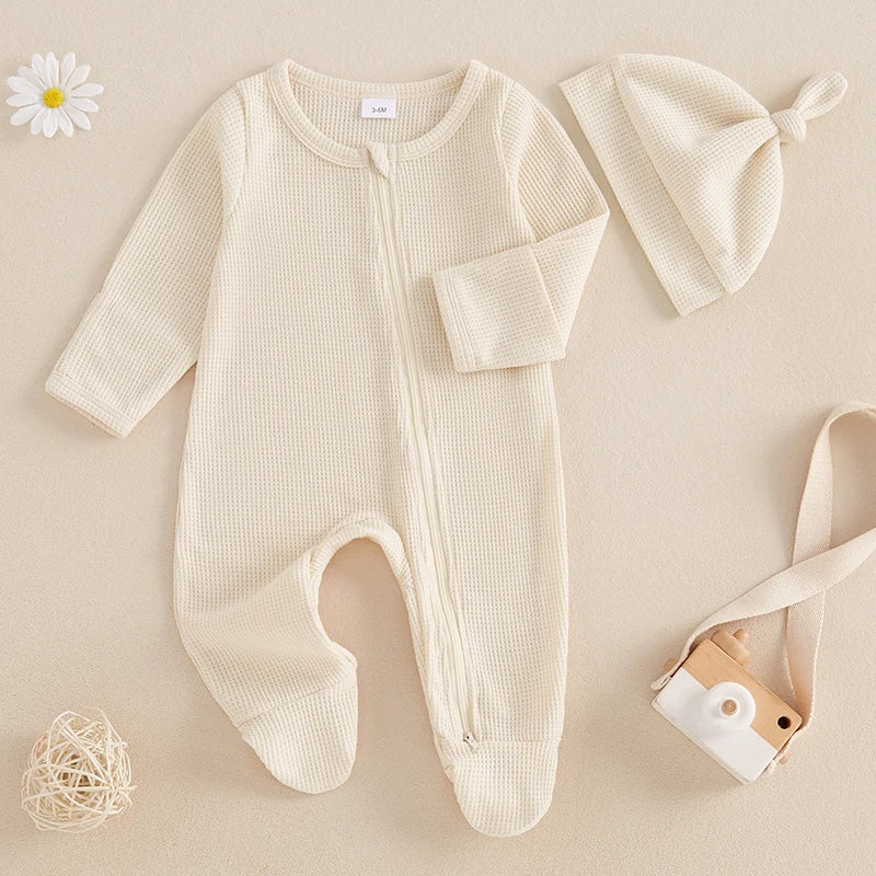 Baby Solid Color Waffle Long Sleeve Crew Neck Zipper Footed Jumpsuit with Hat