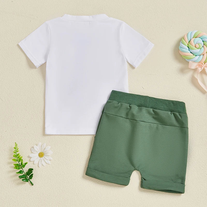 Toddler Boy Summer Outfit Tree/Excavator Embroidered Short Sleeve Round Neck T-Shirt +Solid Shorts 2Pcs Set