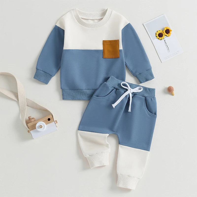 Baby Boy 2Pcs Autumn Pants Set Contrast Color Long Sleeve Crew Neck Sweatshirt Sweatpants Clothes