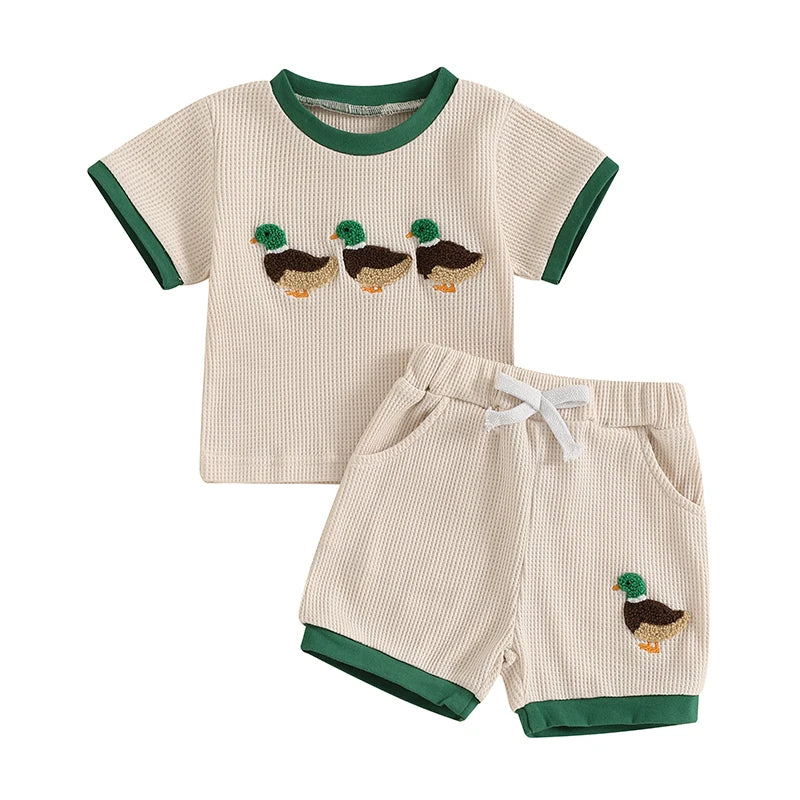 Boys Summer Shorts Sets Short Sleeve O Neck Duck Embroidery Tops and Drawstring Shorts Sets