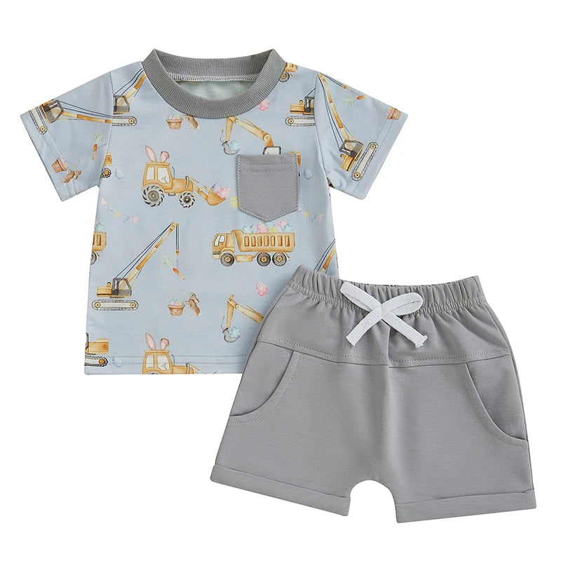 Toddler Boy Summer Outfits Excavator Print Round Neck Short Sleeve Tops with Elastic Waist Shorts Outfit