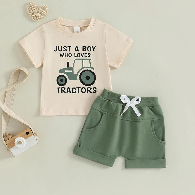 Toddler Boy Summer Outfits Tractor Letter Print Round Neck Short Sleeve Tops with Solid Shorts Outfit