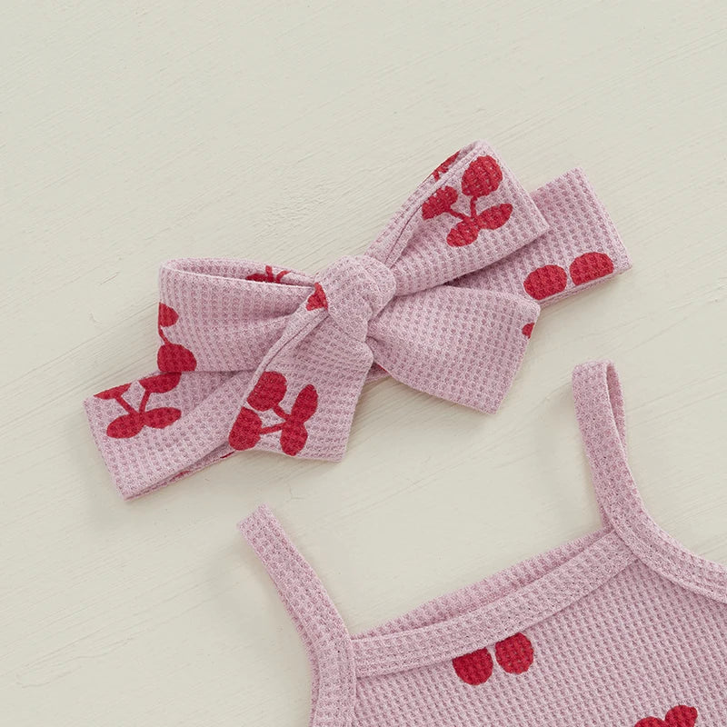 Summer Cute Baby Girls Shorts Outfits Sleeveless Cherry Print Romper Drawstring Shorts Headband Sets