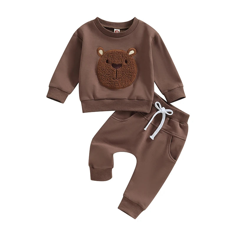 Toddler Baby Boy Girl 2Pcs Fall Outfits Long Sleeve Bear Embroidery Tops Pocket Pants Set