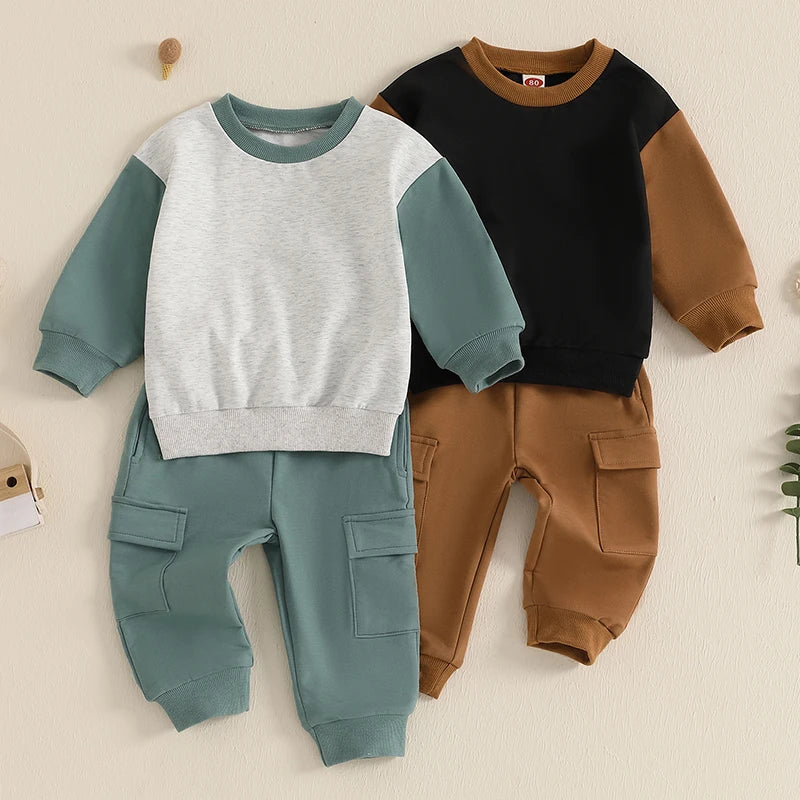 Toddler Baby Boy 2Pcs Outfit Long Sleeve Contrast Color Sweatshirt + Cargo Pants Set Clothes