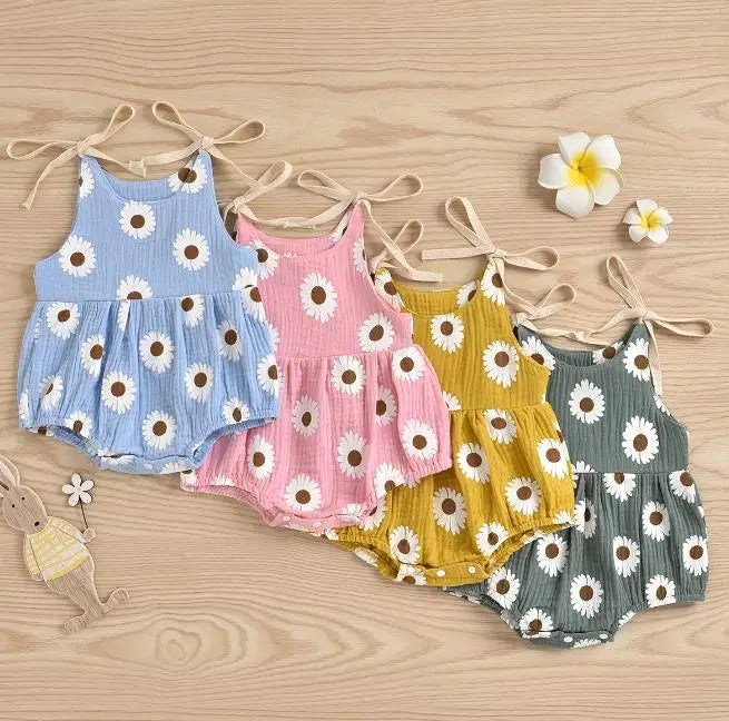 Newborn Infant Baby Girl Summer Fashion Daisy Floral Printed Bodysuit O-Neck Jumpsuit 4Colors