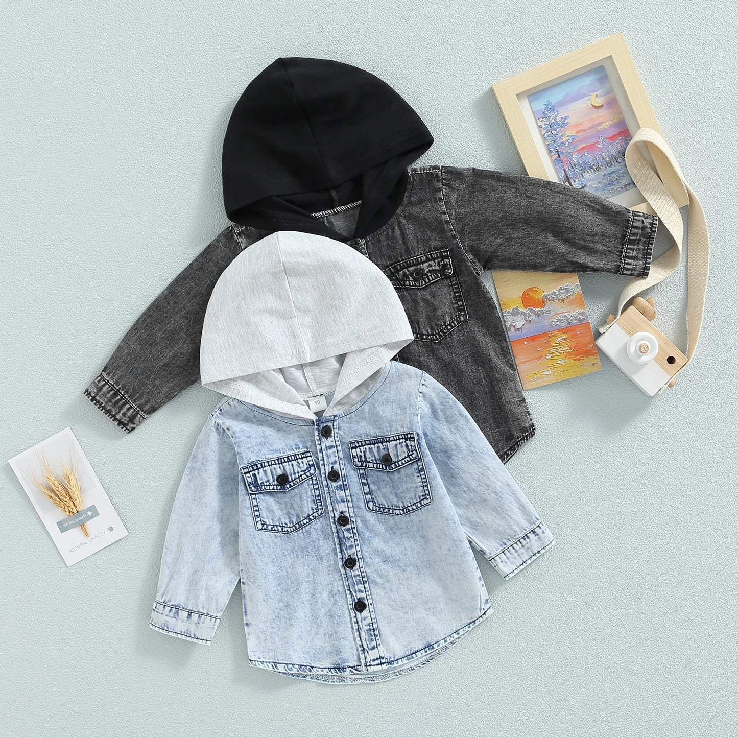 Toddler Boys Long Sleeve Button Down Patchwork Hooded Jacket