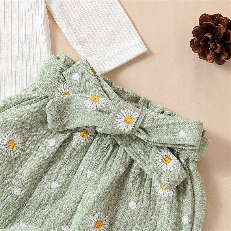 Baby Girl Daisy Print Outfit Solid Ribbed Ruffle Romper Long Sleeve Pants Headbands Clothes Set