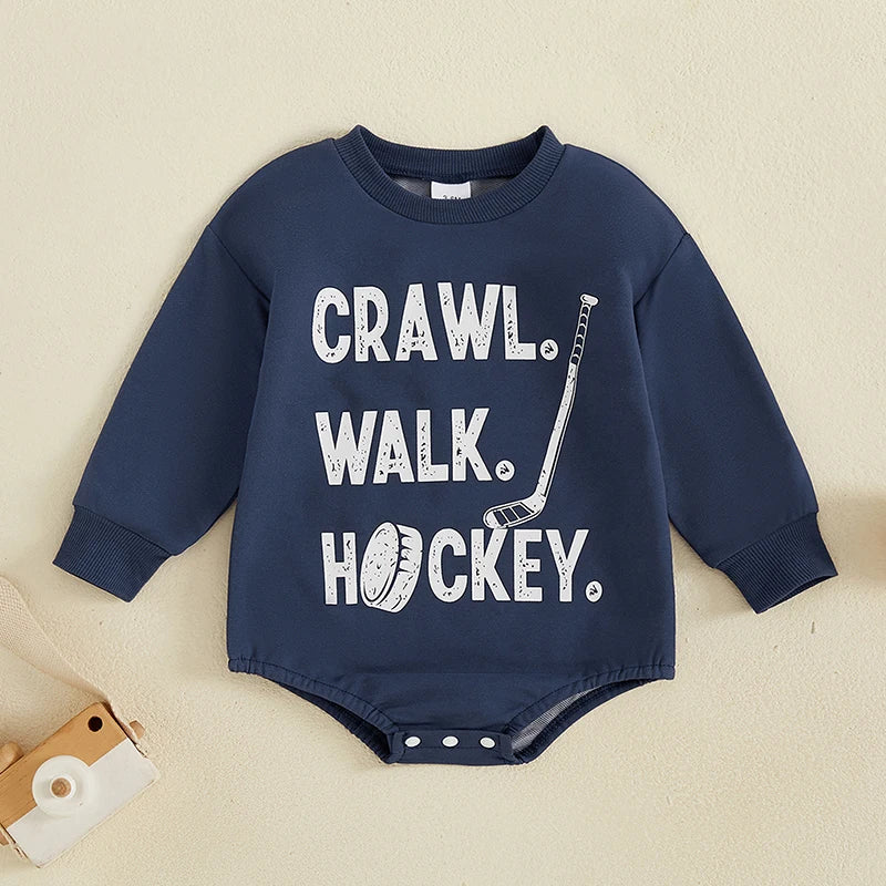 Baby Boy Romper Long Sleeve Round Neck Hockey Print Bodysuit Playsuit
