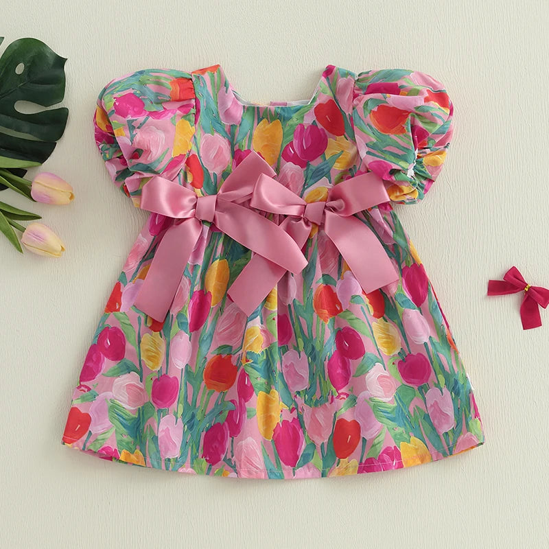 Toddler Baby Girl Floral Dress Short Sleeve Square Neck Bow Front Floral Print Loose Dress Casual Dress