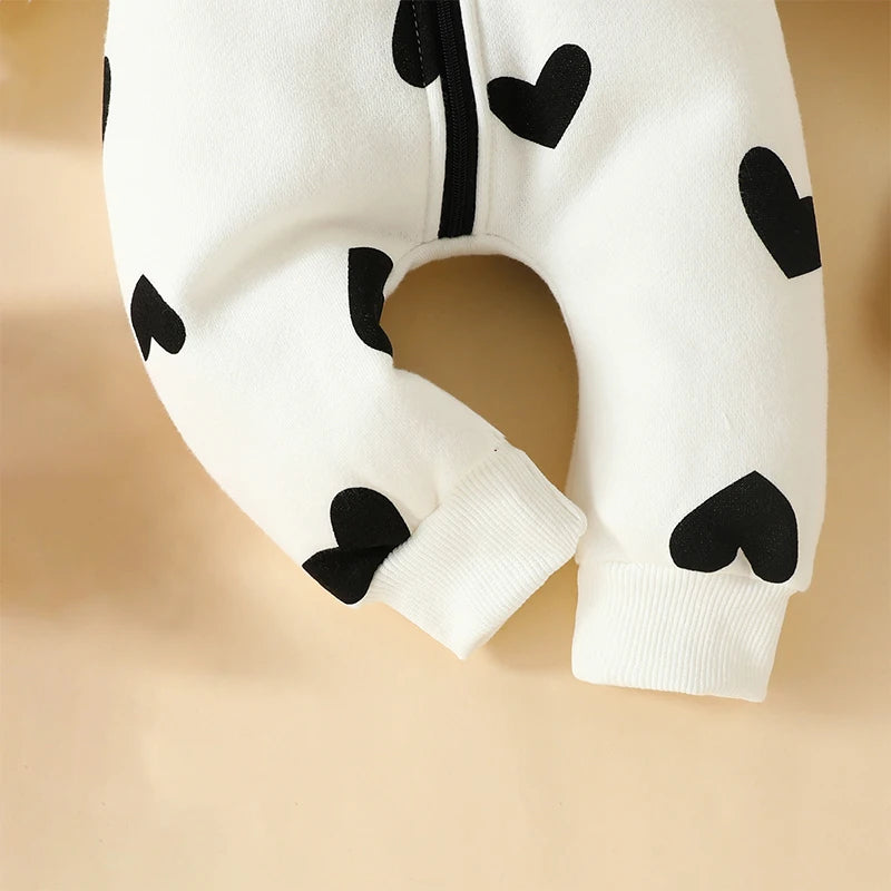 Newborn Baby Girls Boys Romper Fleece Footie Long Sleeve Hooded Zipped Heart Cow Pattern Jumpsuit