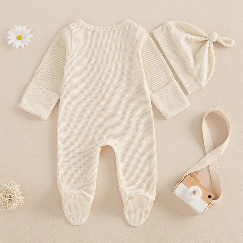 Baby Solid Color Waffle Long Sleeve Crew Neck Zipper Footed Jumpsuit with Hat