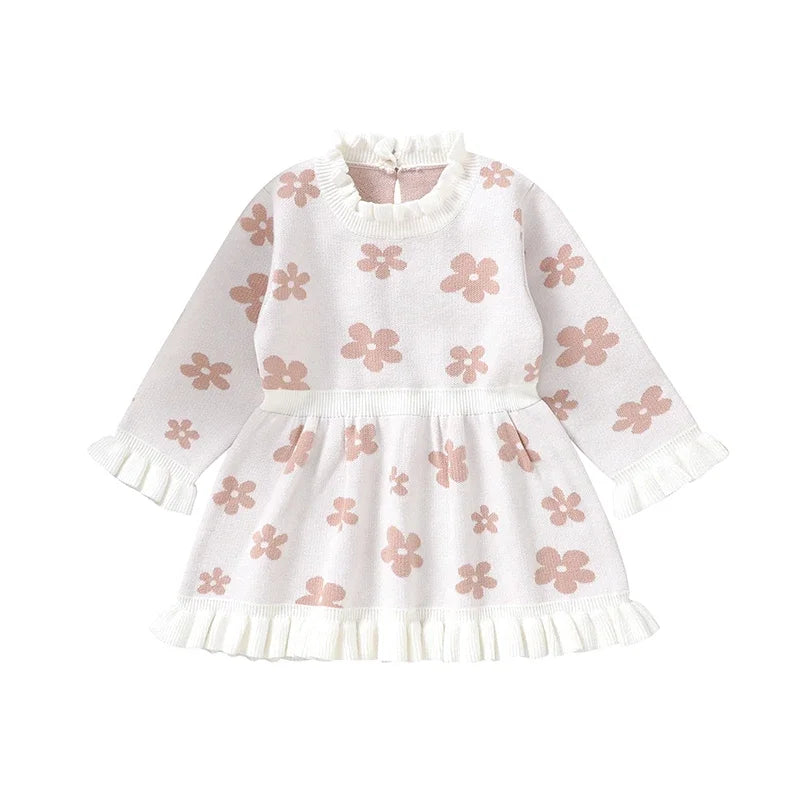 Toddler Kids Girl Long Sleeve Dress Casual Floral Print Ruffle Sweater A-Line Dress Baby Spring Clothes
