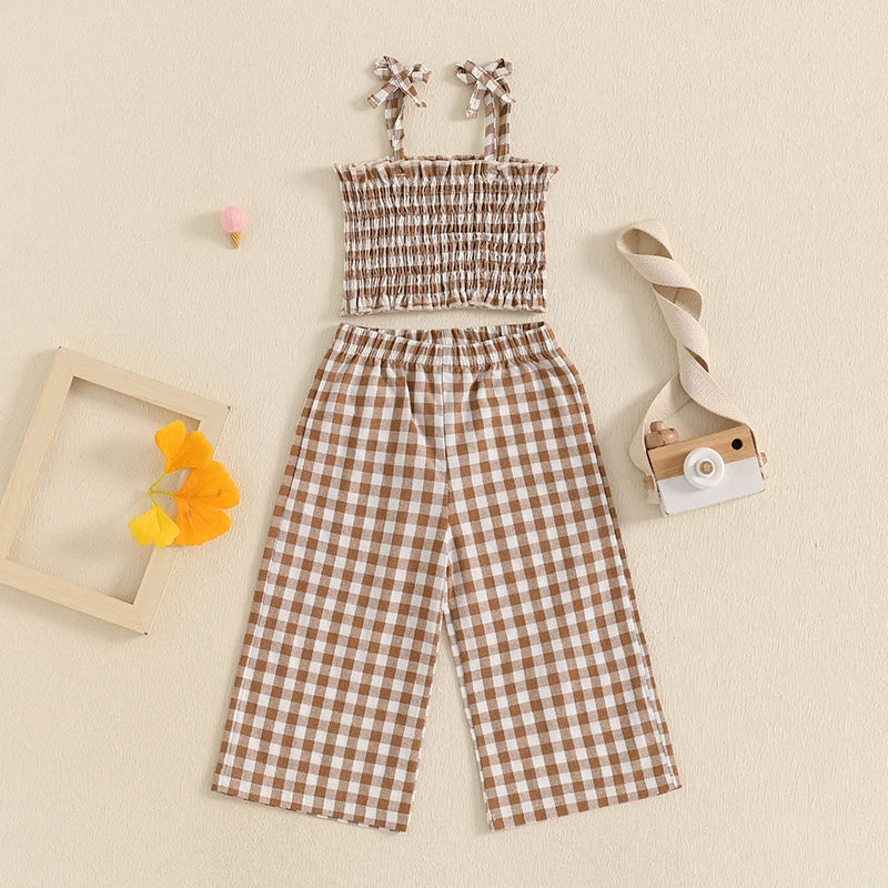 Toddler Baby Girl 2Pcs Summer Outfits Sleeveless Plaid Print Cami Tops + Pants Set Clothes