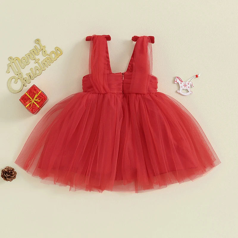 Infant Baby Girls Princess Dress Sleeveless Strap Elegant Bow Tulle Patchwork Christmas Tutu Sundress