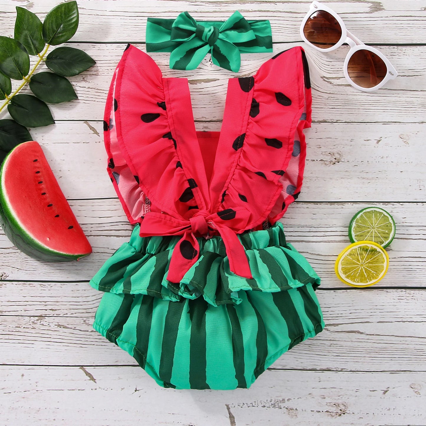 Newborn Baby Girl 2 Pcs Outfits Watermelon Print Design Square Neck Fly Sleeve Bodysuit Headband