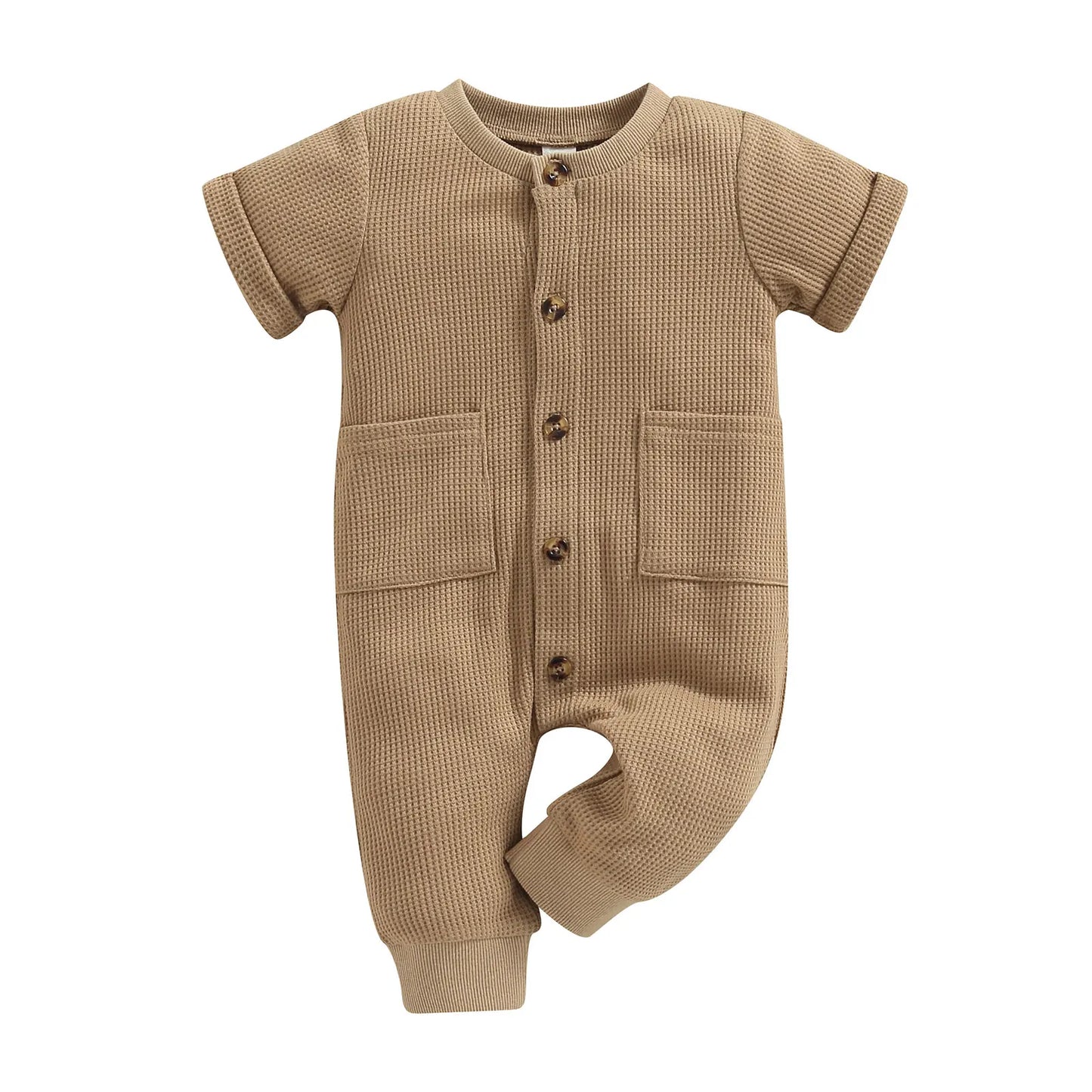 Baby Boys Jumpsuit Solid Color Short Sleeve O Neck Button Down Romper with Pockets