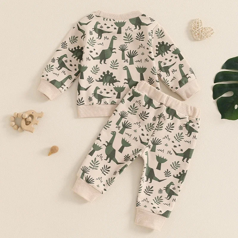 Toddler Boys Fall Outfits Dinosaur Print Pocket Long Sleeve Sweatshirts and Long Pants 2Pcs Clothes Set