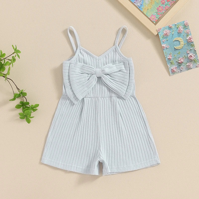 Summer Kids Baby Girl Ribbed Jumpsuit Cute Bow Sleeveless Romper Shorts Cute Clothes