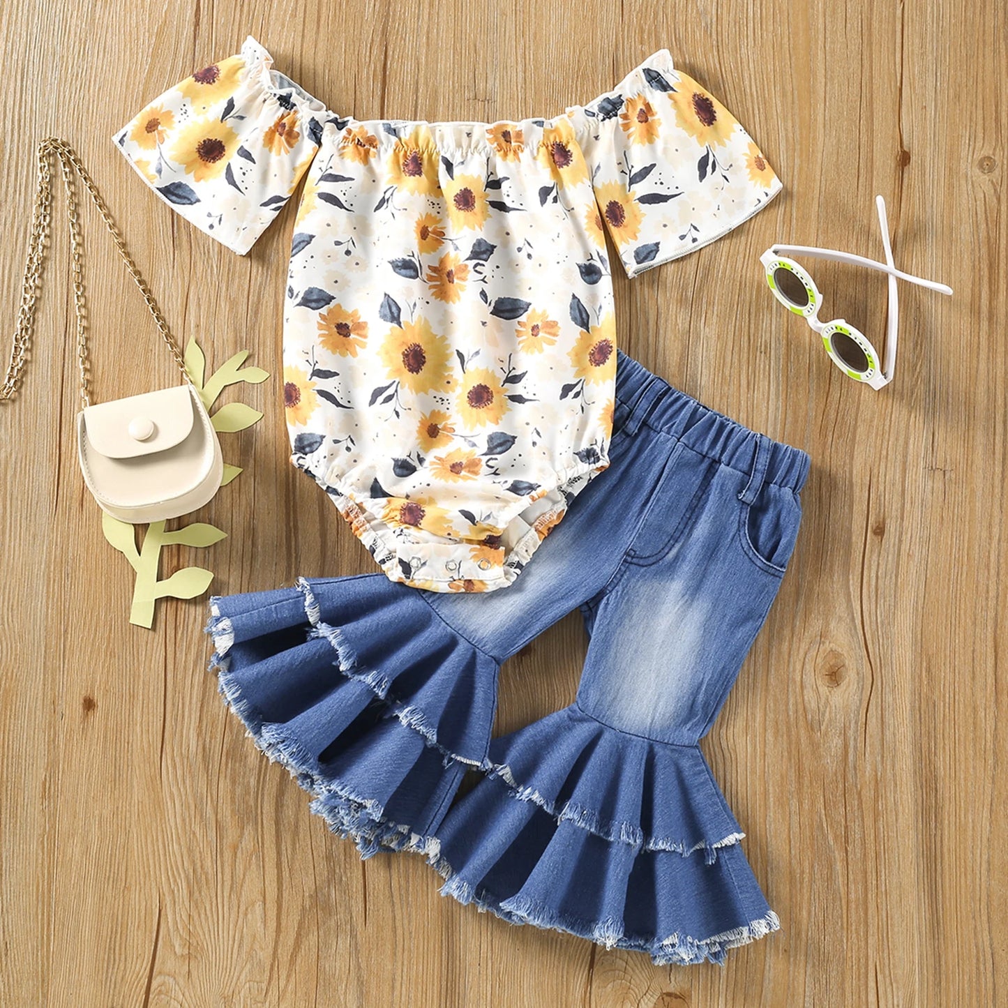 Newborn Baby Girl 2Pcs Summer Fashion Clothing Yellow Sunflower Bodysuit Denim Flared Pants