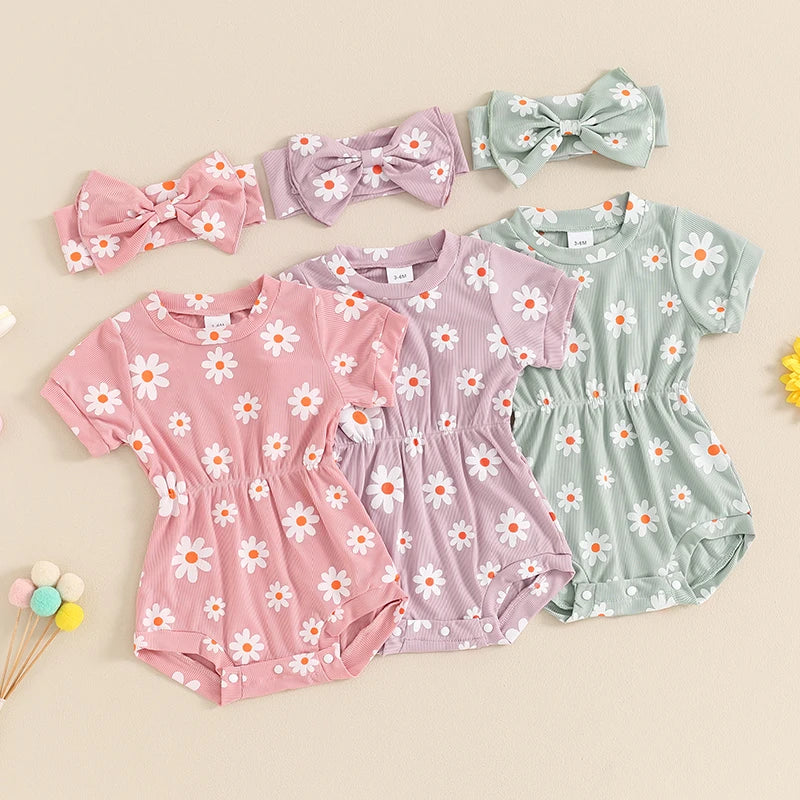 Summer Infant Baby Girls Rompers Short Sleeve O Neck Floral Jumpsuit with Headband