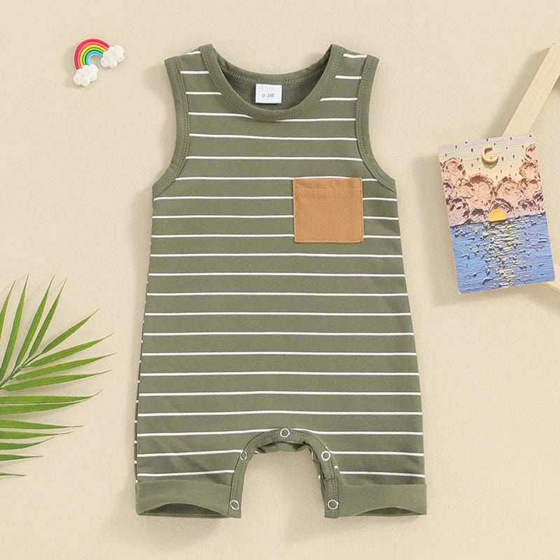 Summer Newborn Baby Boys Rompers Clothing Striepd Print Sleeveless Pocket Jumpsuits Long Pants Baby Overalls