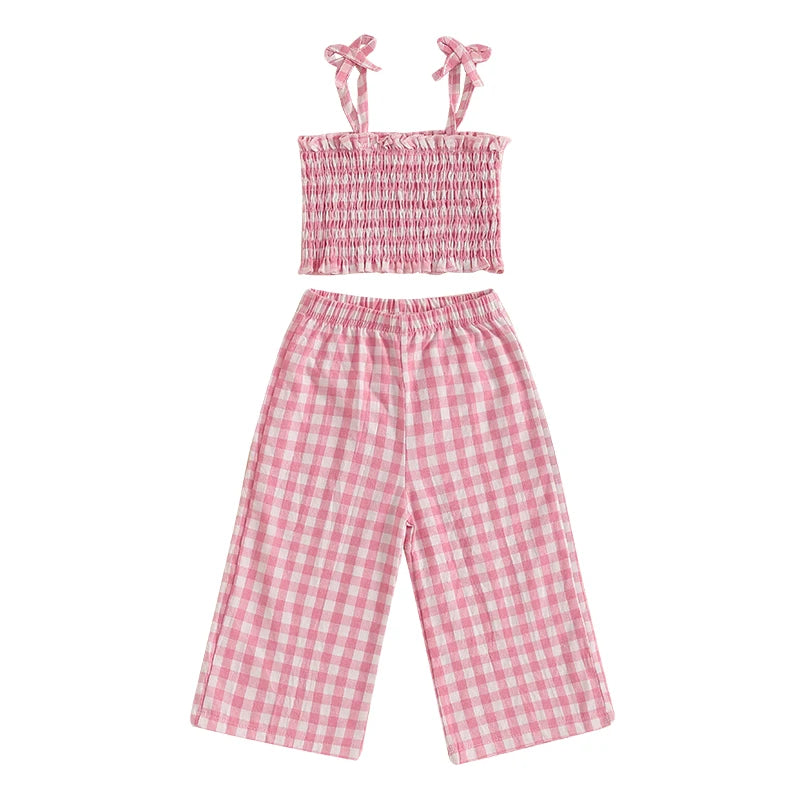 Toddler Baby Girl 2Pcs Summer Outfits Sleeveless Plaid Print Cami Tops + Pants Set Clothes