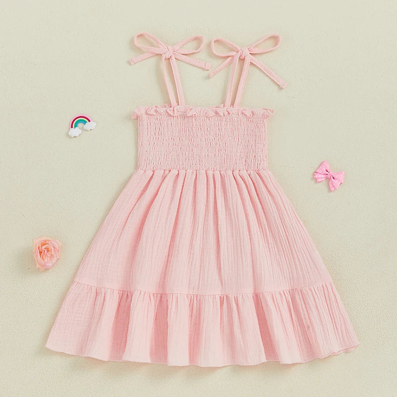 Little Girl Tie Shoulder Dress Solid Smocked Spaghetti Strap Tiered Ruffled Dress Cute Summer Clothes