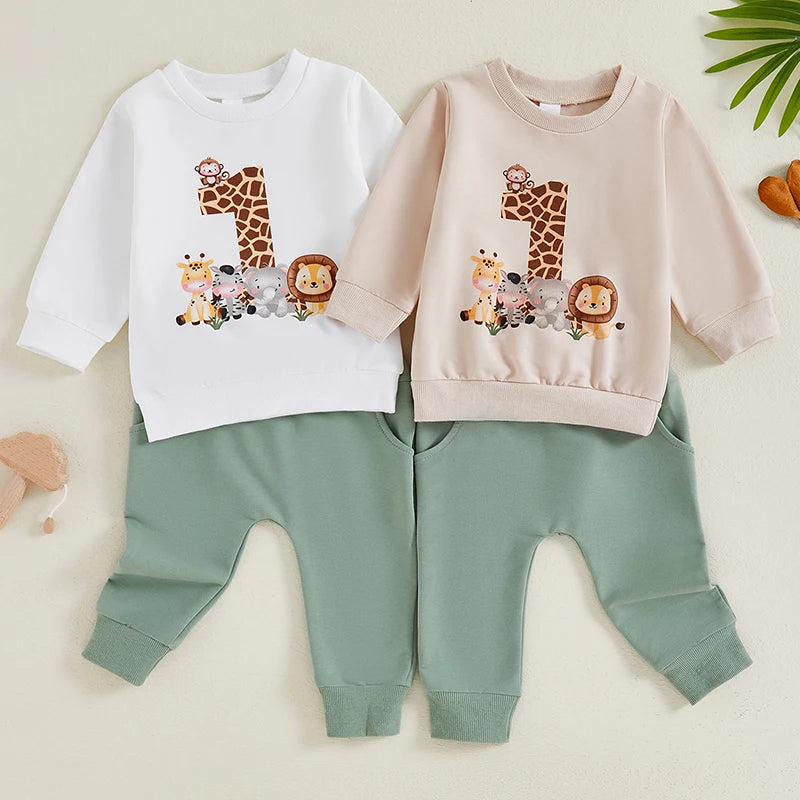 Baby Boy First Birthday Outfit, Animal Print Long Sleeve Sweatshirt Elastic Waist Pants Set for Fall
