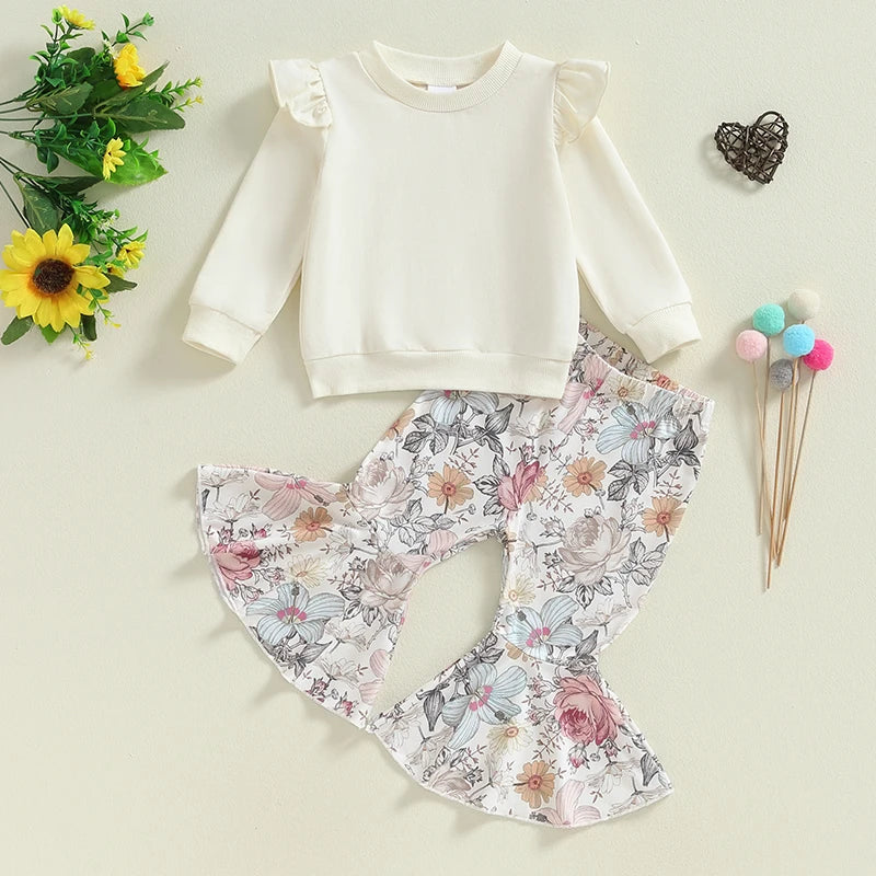 Little Girls 2PCS Outfits Flying Sleeve Round Neck Tops Floral/Butterfly Print Flared Pants Sets 6M-4Y