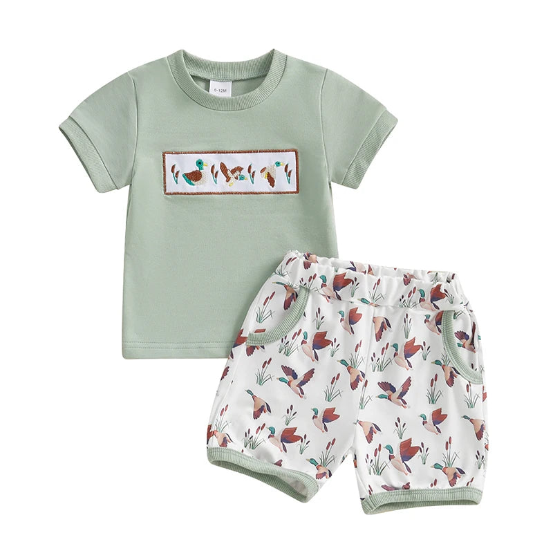 Toddler Baby Boys Summer Outfits Duck Embroidery Short Sleeves T-Shirt and Elastic Camouflage Shorts Clothes Set