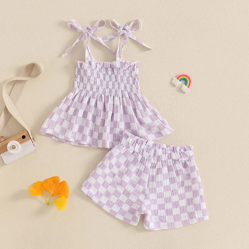 Toddler Baby Girl Summer Clothes Plaid Print Smocked Camisole + Elastic Waist Shorts 2Pcs Set