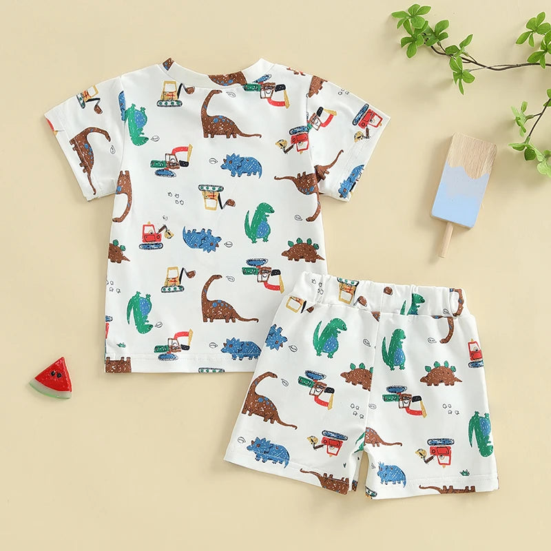 Toddler Boy Dinosaur Shorts Set Round Neck Short Sleeve Tops Pockets Elastic Waistband Short Outfit