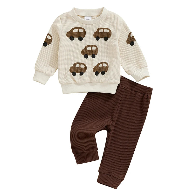 Baby Boy Track Suit Car Print Waffle Long Sleeve Sweatshirt and Elastic Pants 2 Piece Outfits for Toddler