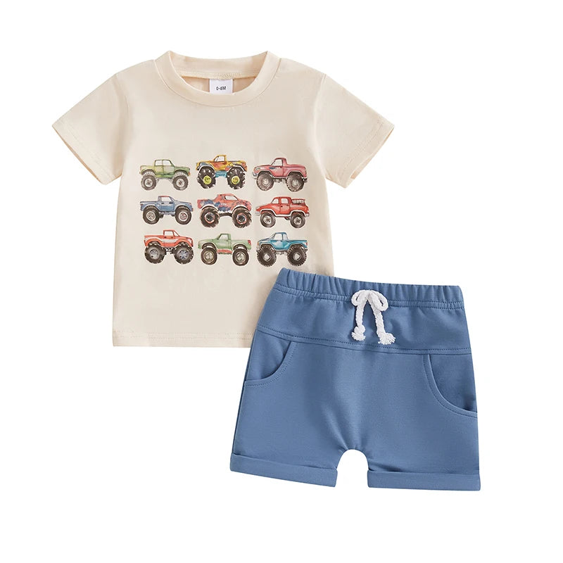 Toddler Boys Summer Outfits Retro Truck Print O-Neck Short Sleeve T-Shirts Elastic Waist Shorts 2Pcs Clothes Set