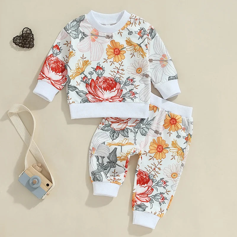 Toddler Girls Fall Outfits Floral Print Long Sleeve Sweatshirt and Elastic Sweatpants Set Baby Clothes