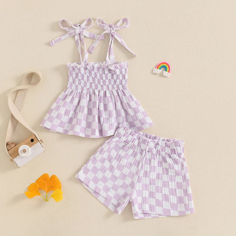 Toddler Baby Girl Summer Clothes Plaid Print Smocked Camisole + Elastic Waist Shorts 2Pcs Set