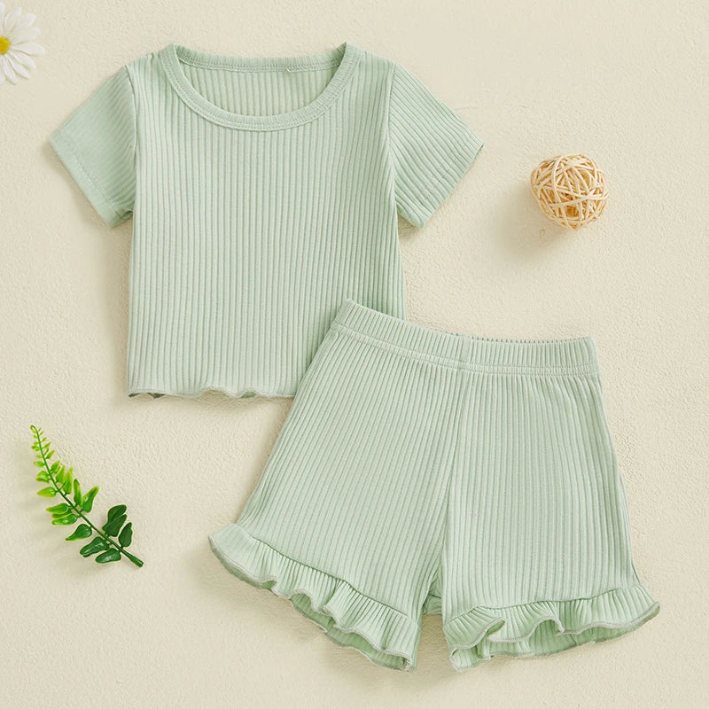 Toddler Baby Girl Ribbed Outfit Solid Color Short Sleeve T-shirts Elastic Waist Ruffle Shorts Set