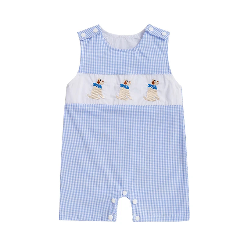 Baby Boys Romper Animal Embroidery Plaid Sleeveless Crew Neck Jumpsuit Summer Overalls