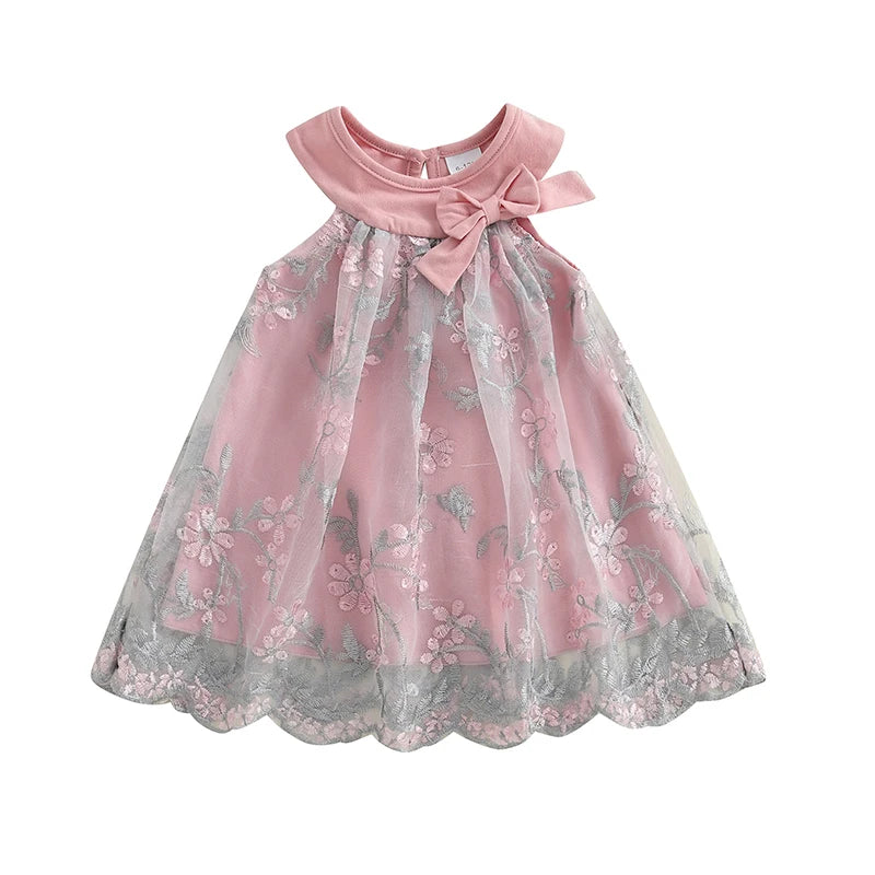 Toddler Girl Summer Sleeveless Dress Floral Embroidery Round Neck Tulle A-Line Dress