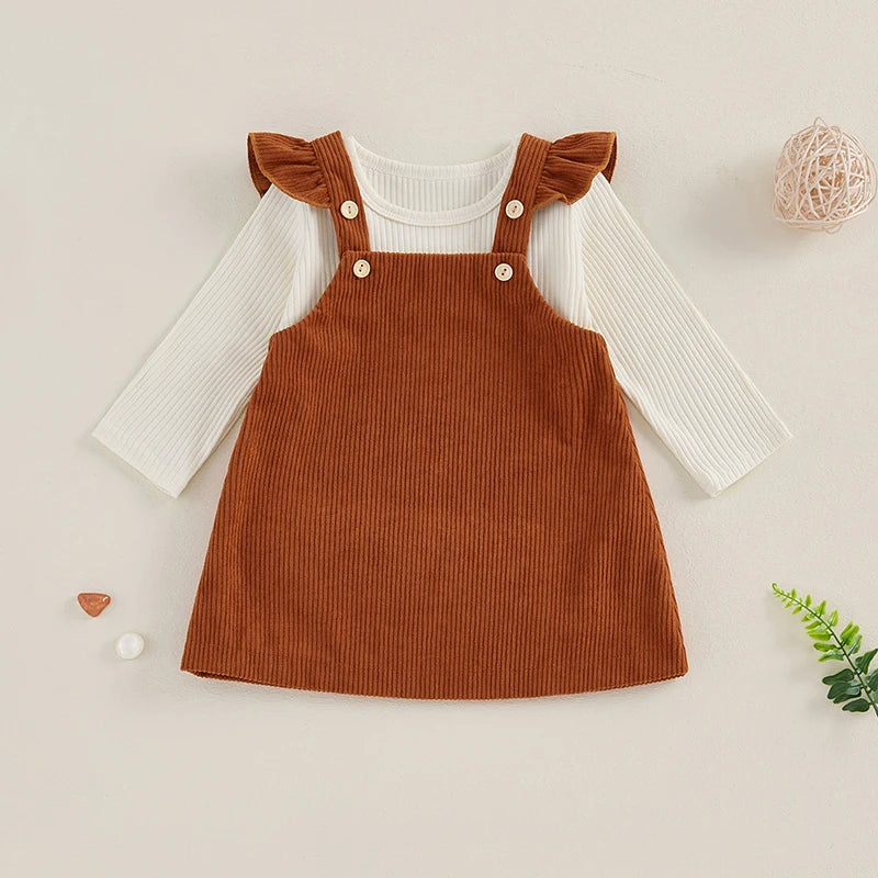 Newborn Baby Girls 2Pcs Fall Outfits Long Sleeve Ribbed Romper + Corduroy Overall Dress Set Clothes