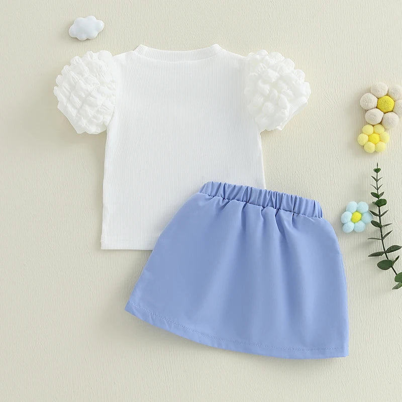 Girls Summer Outfits Crochet Flowers Puff Short Sleeve T-Shirt and Elastic A-Line Skirt Set Toddler Clothes
