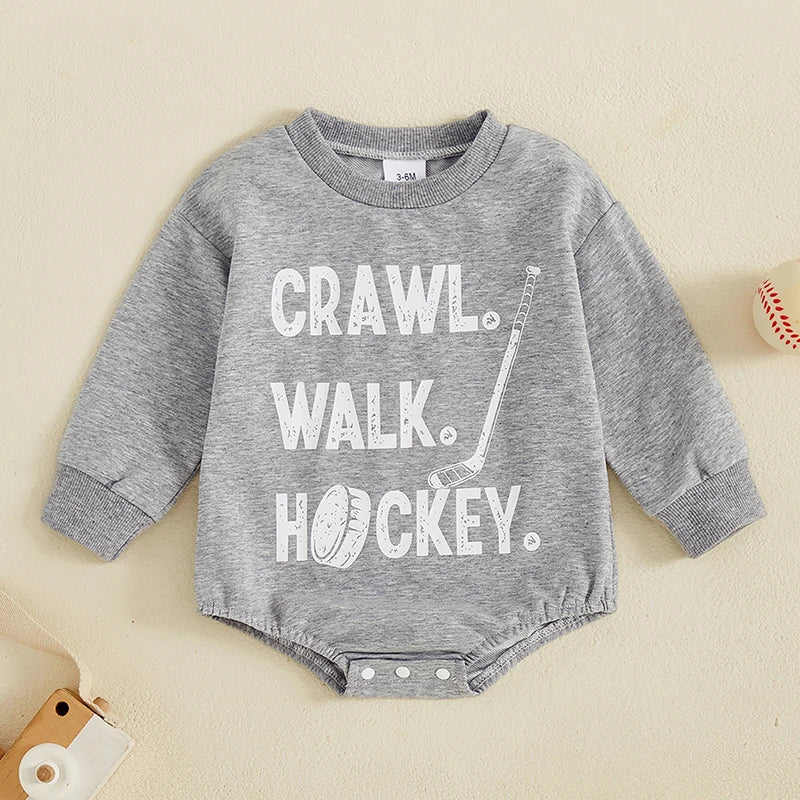 Baby Boy Romper Long Sleeve Round Neck Hockey Print Bodysuit Playsuit