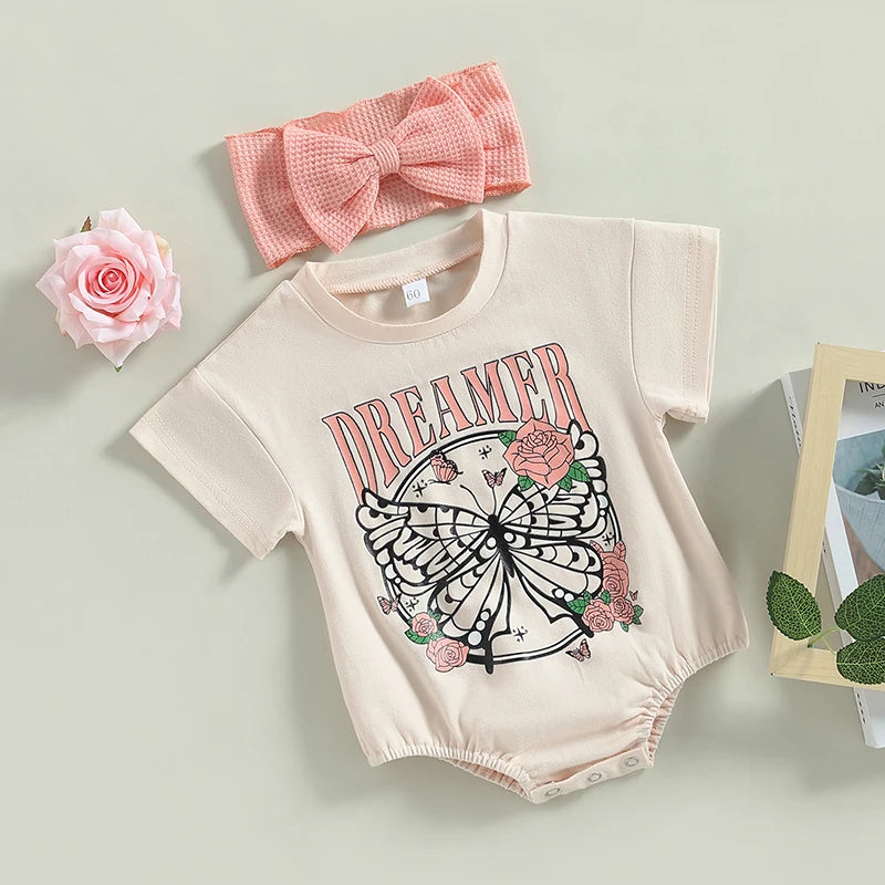 Infant Baby Girl 2Pcs Bodysuit Short Sleeve Letters Flower Print Jumpsuit Bowknot Headband