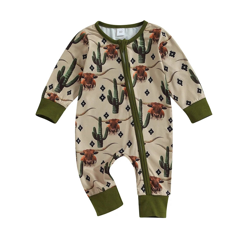 Baby Boys Jumpsuit Long Sleeve Cow/Horse Print Zipped Romper