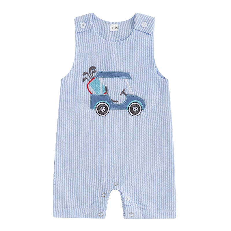 Baby Boys Jumpsuit, Sleeveless Crew Neck Striped Embroidery Golf Cart Summer Romper for Casual Daily
