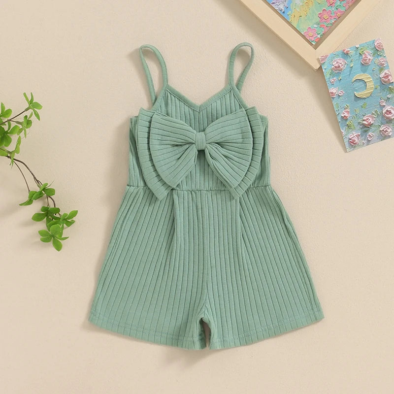 Summer Kids Baby Girl Ribbed Jumpsuit Cute Bow Sleeveless Romper Shorts Cute Clothes