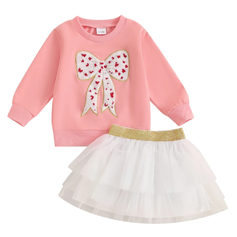 Girl Fall Outfit Bow Embroidery Long Sleeve Sweatshirt with A Line Tulle Skirt