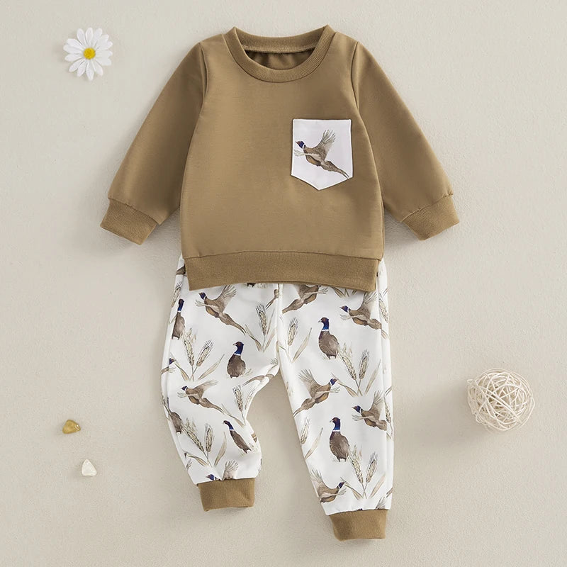 Baby Boy Girl Outfits Wild Goose Print Pullover Sweatshirt Elastic Waist Pants with Pockets Clothes Set