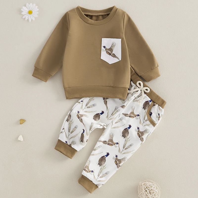 Baby Boy Girl Outfits Wild Goose Print Pullover Sweatshirt Elastic Waist Pants with Pockets Clothes Set